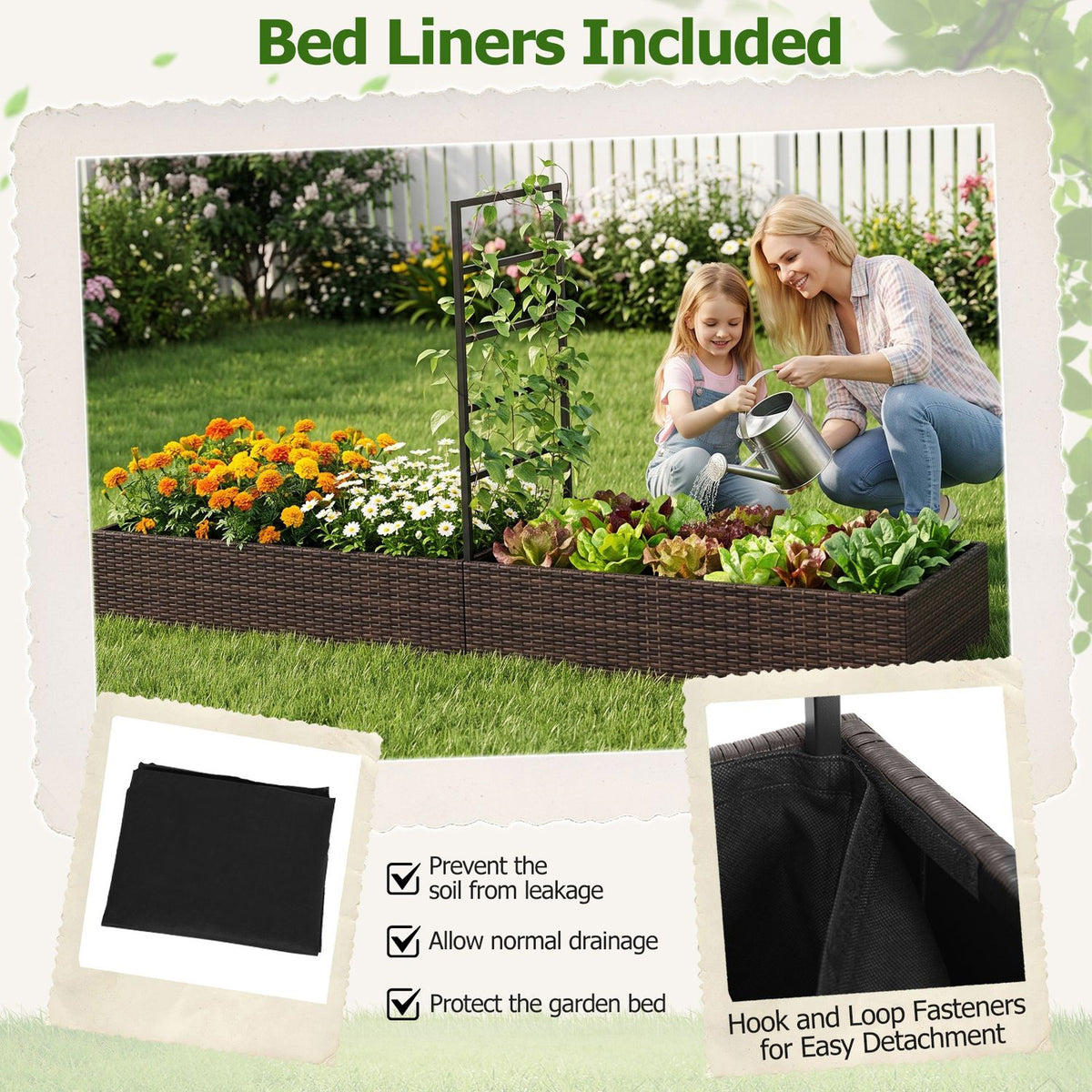 A woman and child water plants in a brown raised garden bed; inset views show a black liner and its attachment.