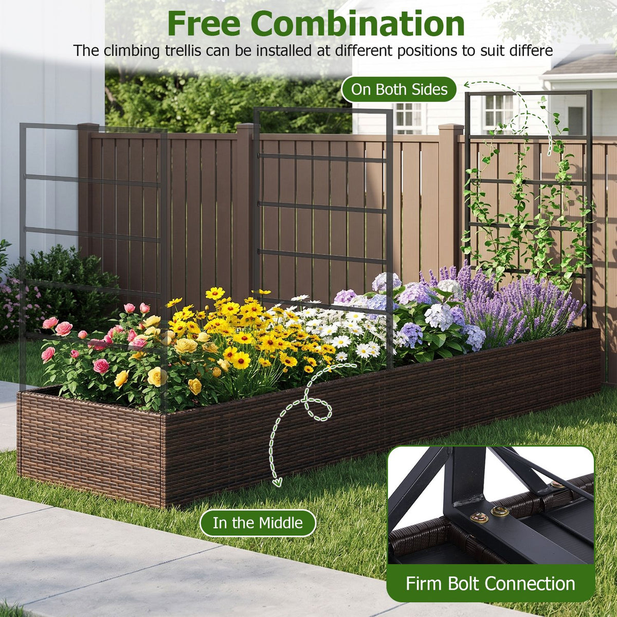 Long brown woven planter arranged with trellises at different positions, with a close-up of a bolted connection.
