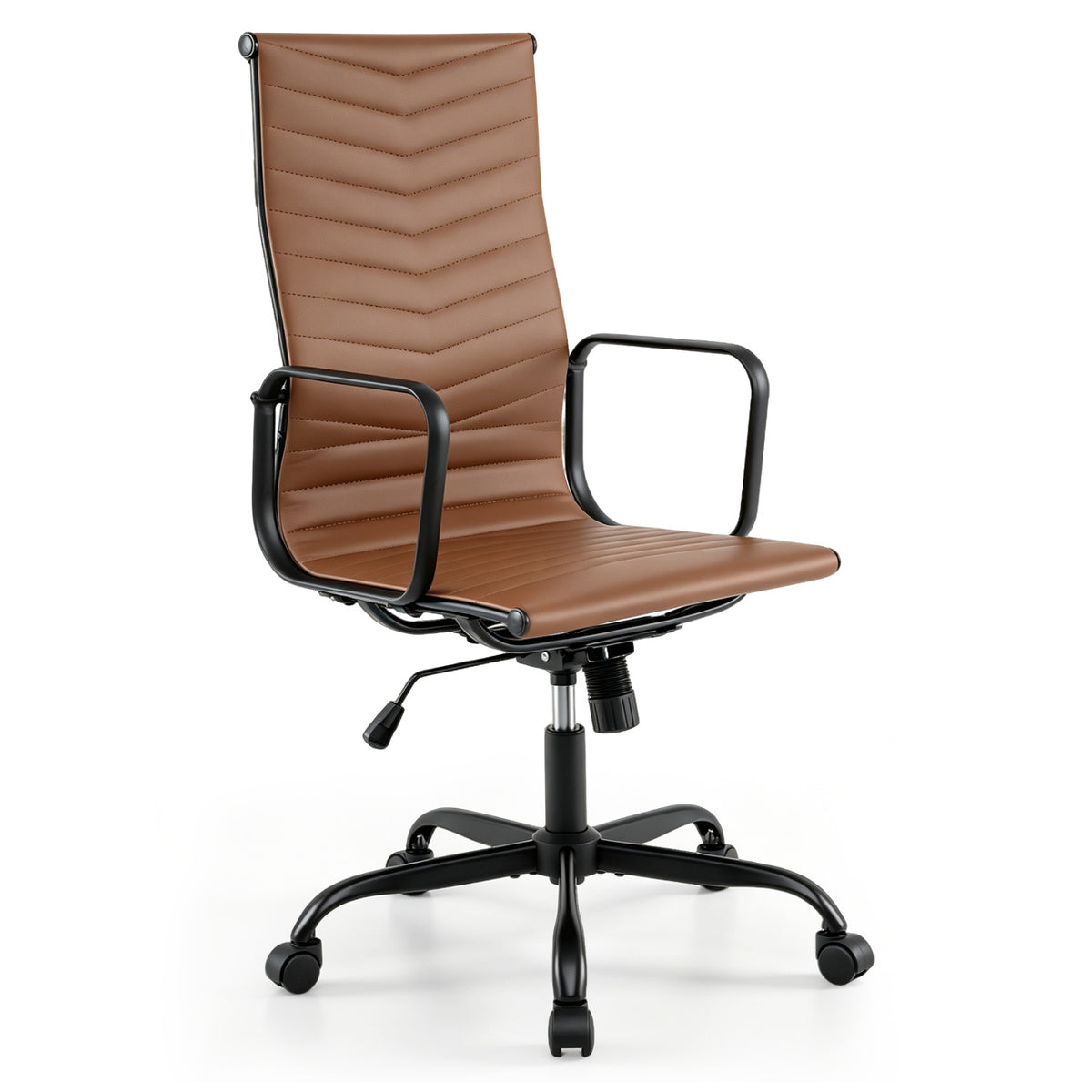 Brown high-back chair shown against a white background, with a black five-wheel base.