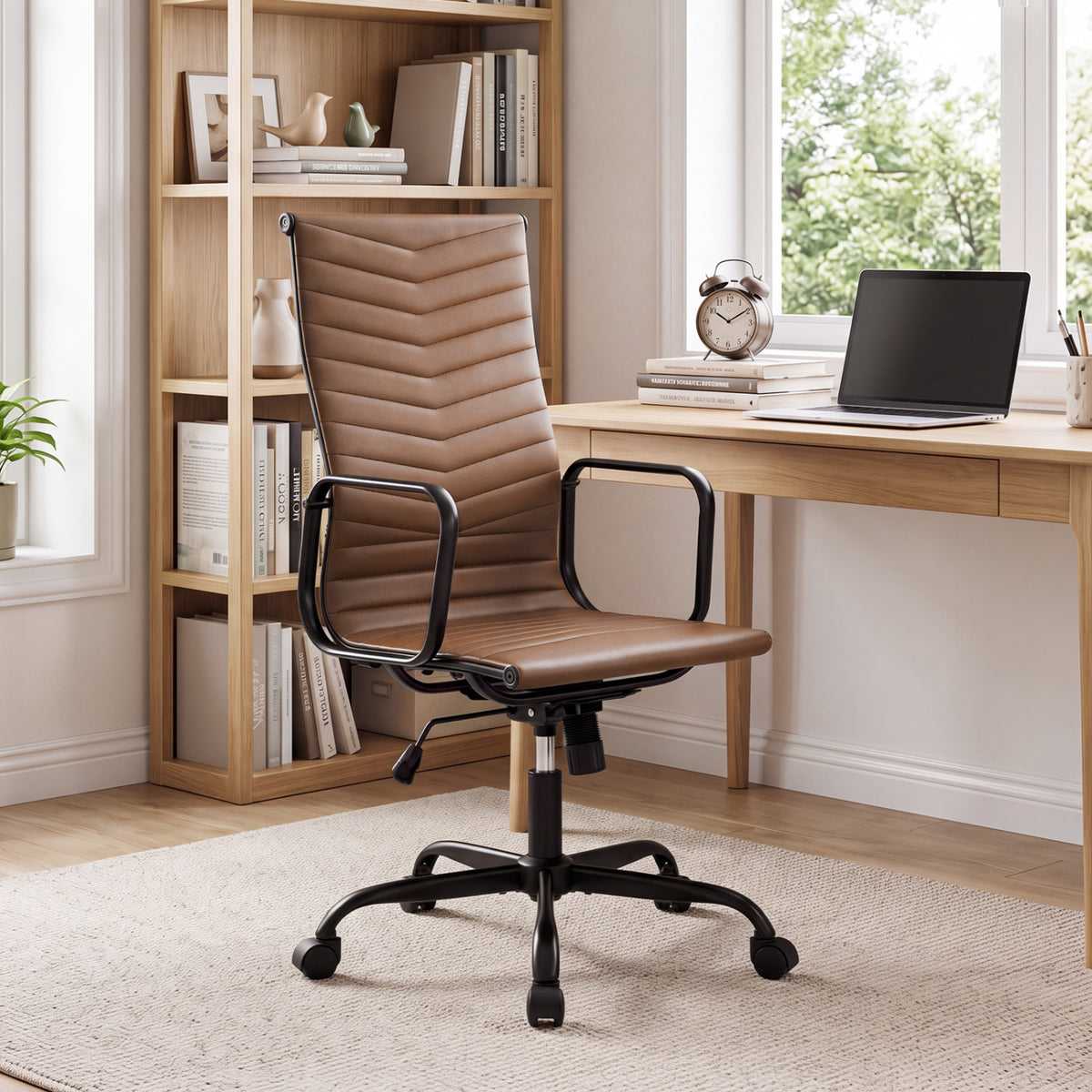 Brown ribbed office chair with black frame and casters in a bright home office.