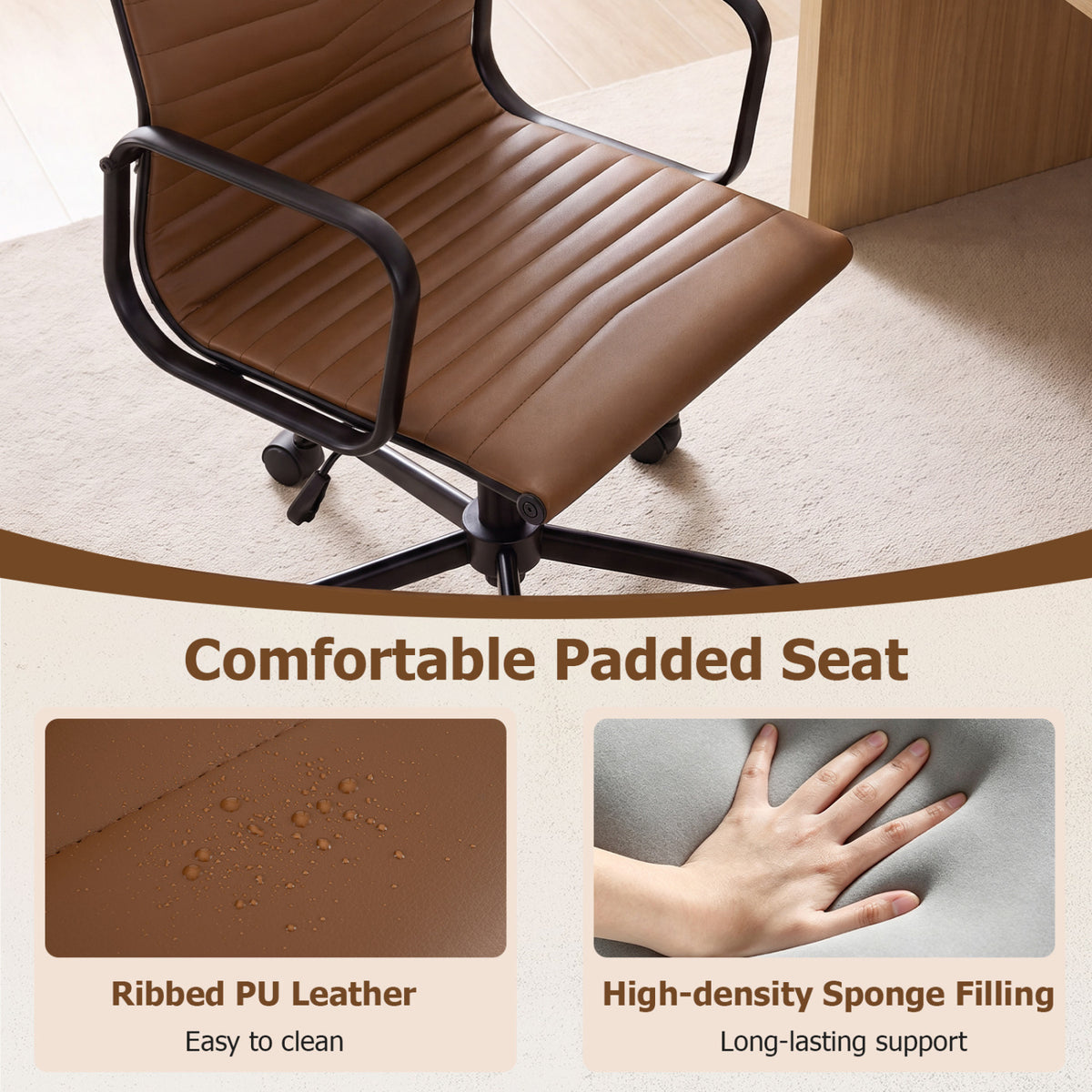 Close view of a brown ribbed office chair seat and black armrests, with inset images of the upholstery and padding.