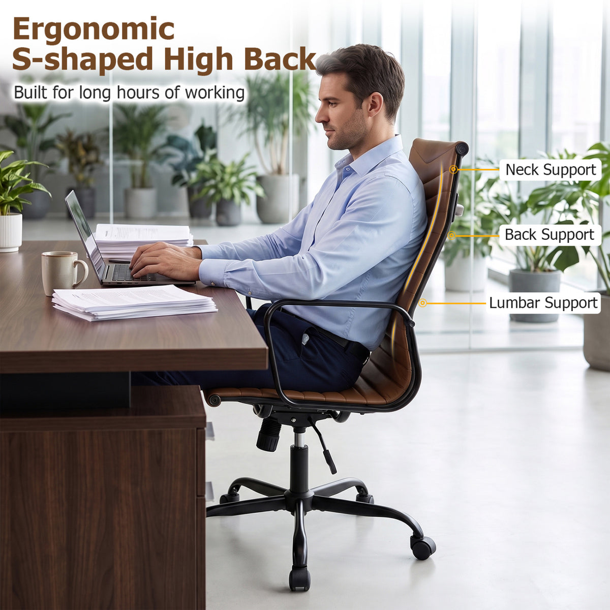 A person sits at a brown office chair at a desk, shown in profile with the chair's curved back and armrests.