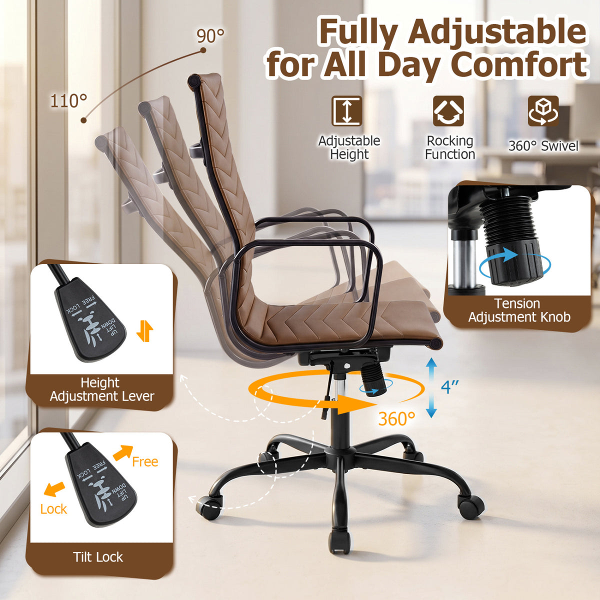 A brown office chair is shown tilting and swiveling, with close-ups of the adjustment lever and tension knob.