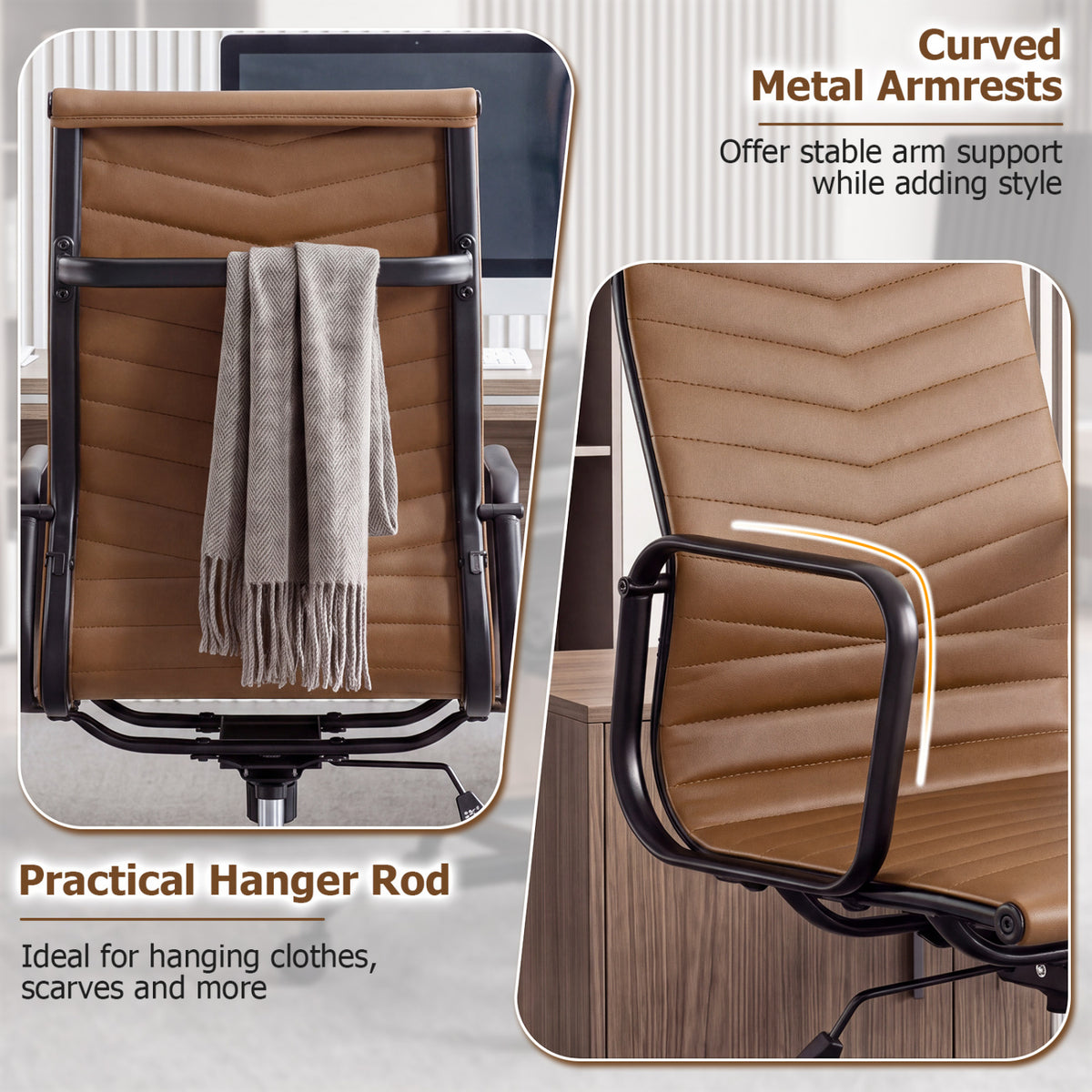 Rear view and close-up of a brown ribbed chair back, black metal frame, curved armrest, and horizontal hanger bar.