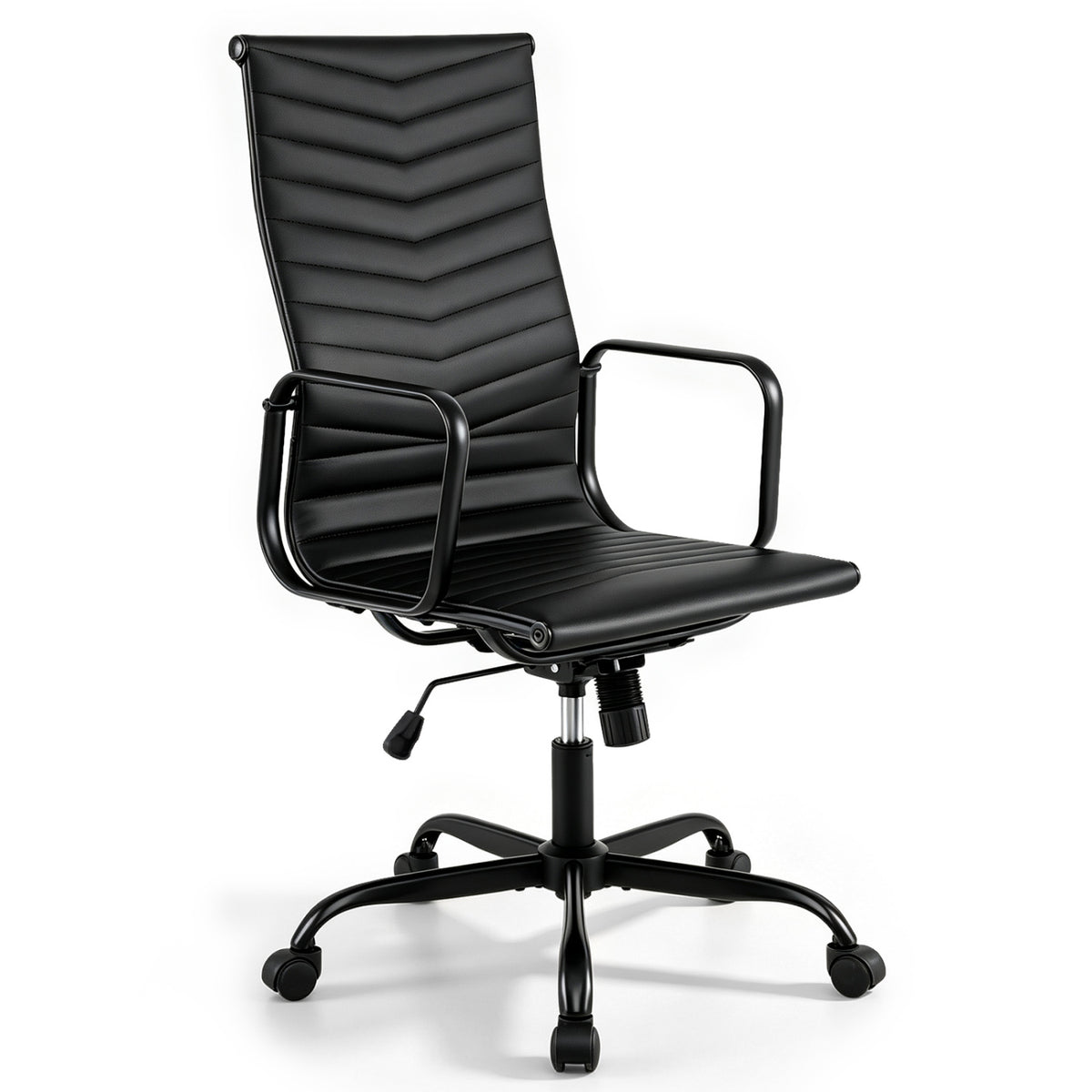 Black ribbed office chair shown alone against a white background, with its wheeled base visible.