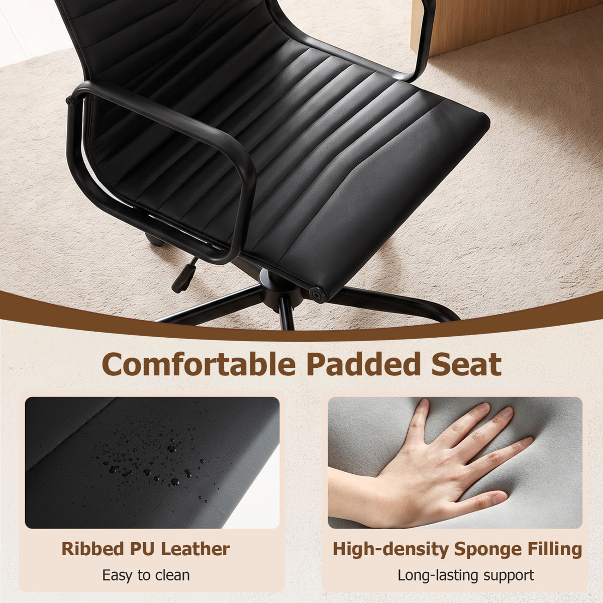 Close view of a black ribbed office chair seat, with inset images showing its surface and a hand pressing the cushion.