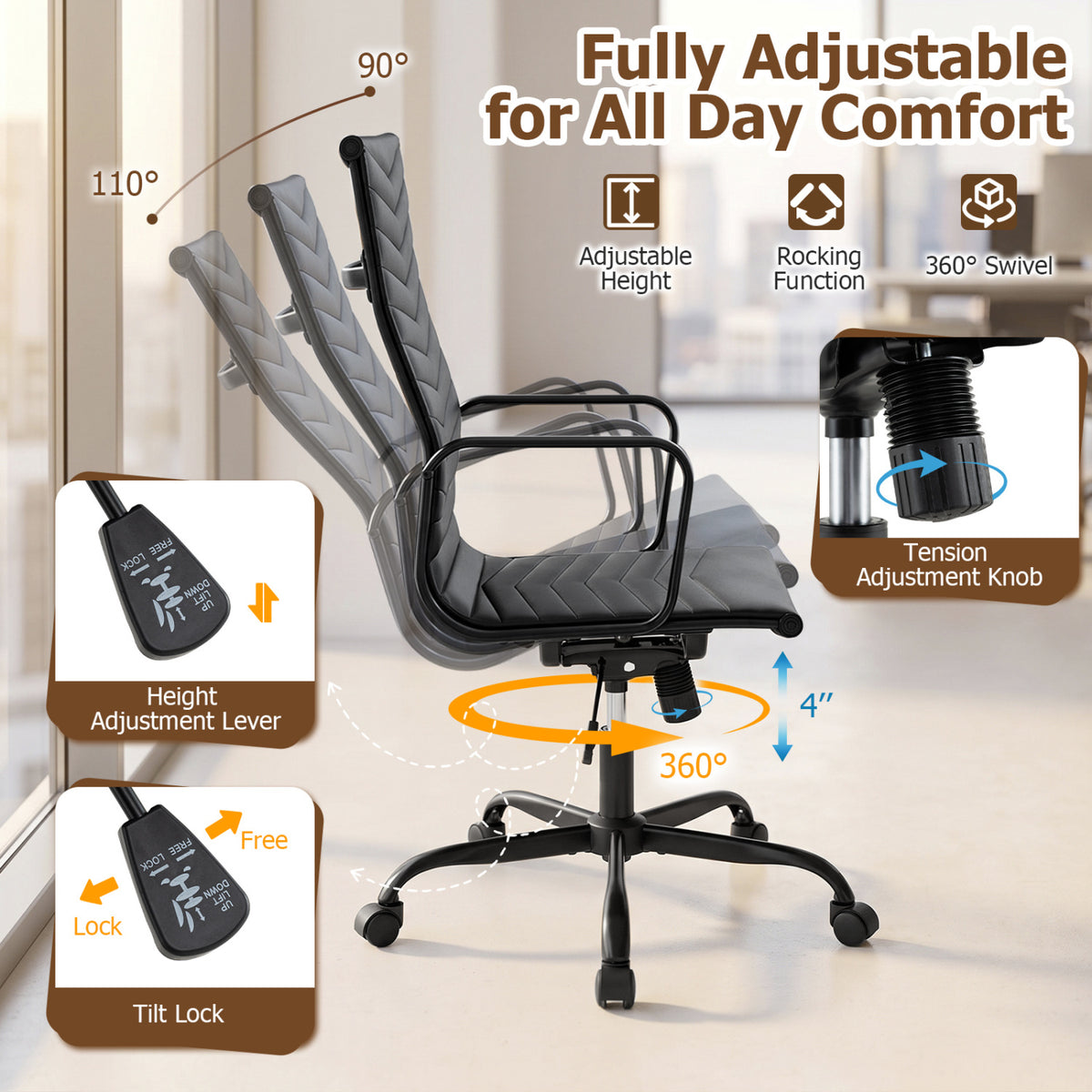 A black office chair is shown tilted through several positions, with inset views of its adjustment controls.