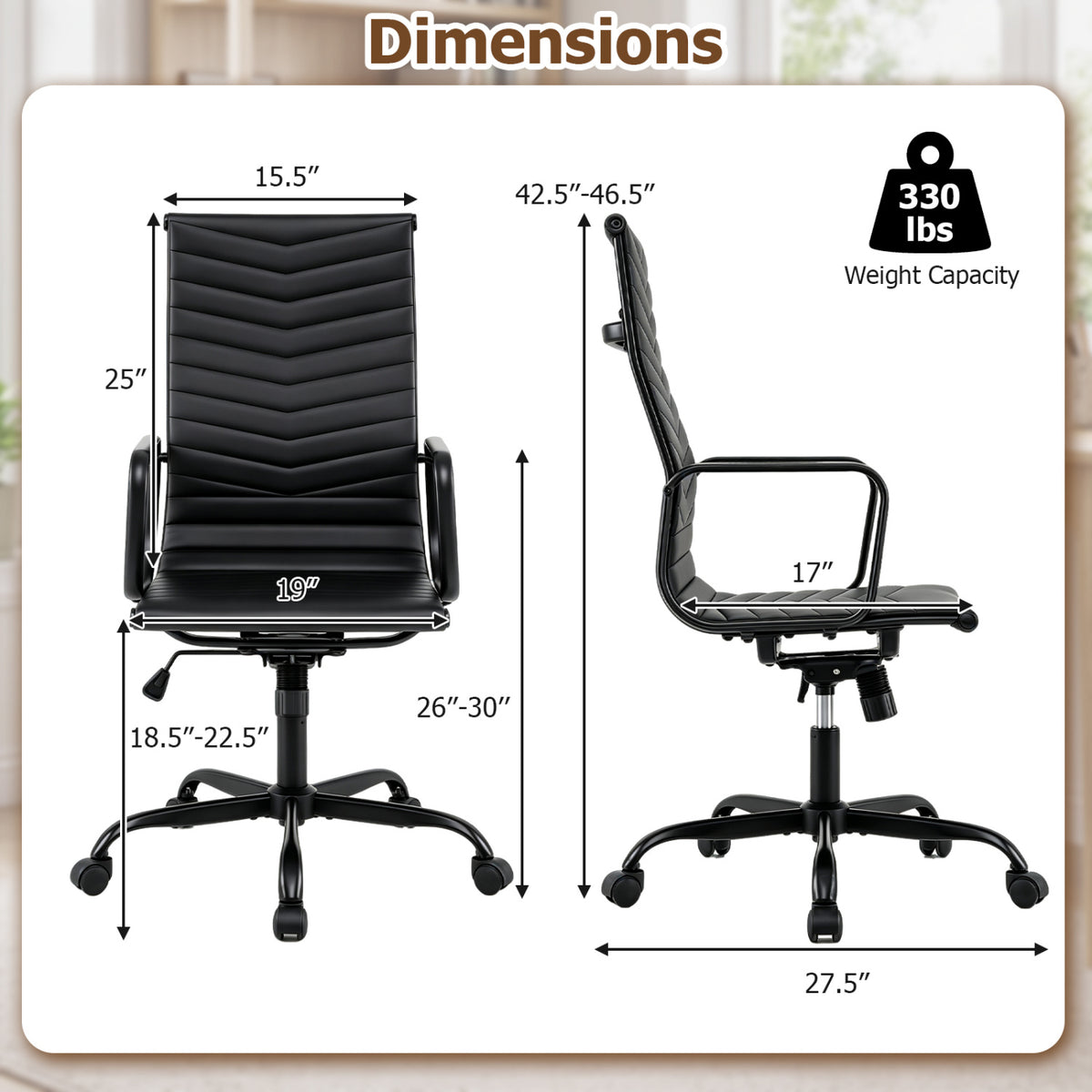 Front and side views of the ribbed office chair with measurement arrows and a weight icon.