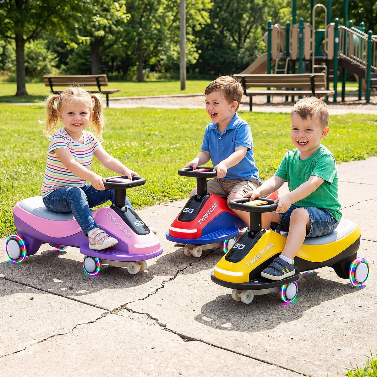 Three children ride pink-and-purple, red-and-blue, and yellow-and-black wiggle cars outdoors.