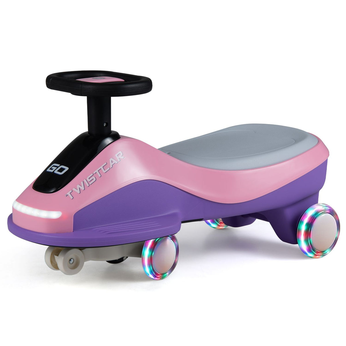 Pink and purple ride-on car shown alone from the side, with a steering wheel, seat, front light, and glowing wheels.