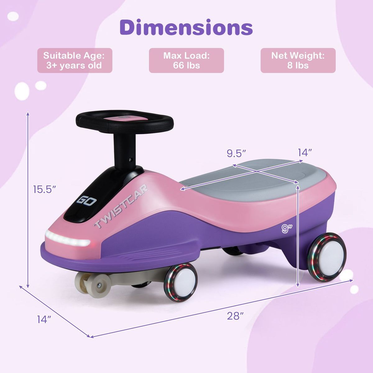 Dimension graphic for the pink and purple ride-on car, with age, load, weight, and measurement labels.