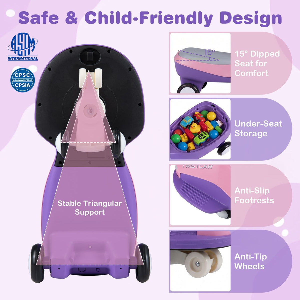 Pink and purple car feature graphic showing its underside, storage cavity, seat angle, footrests, and small wheels.