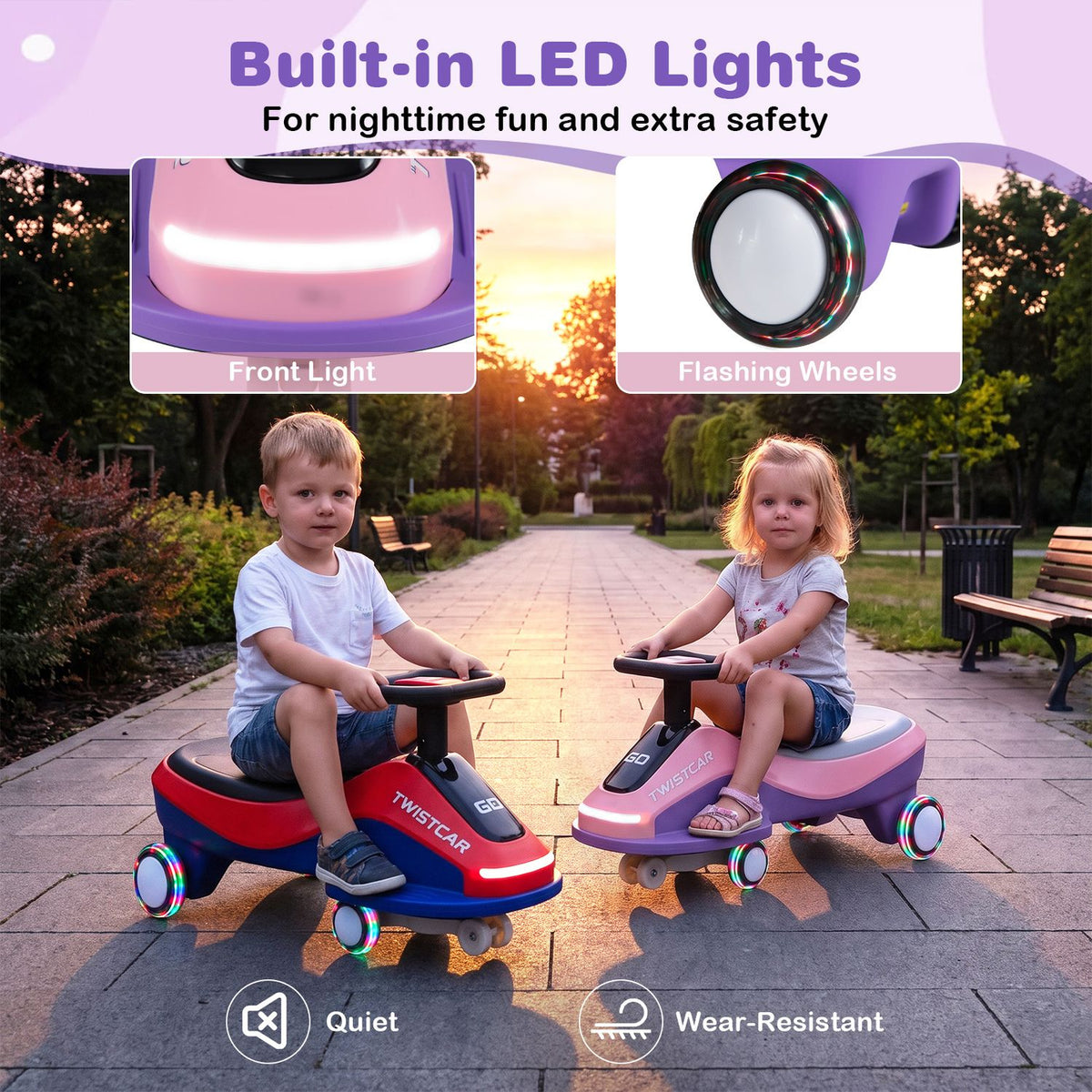 Feature insets label the front light and flashing wheels above two children riding cars on a path.