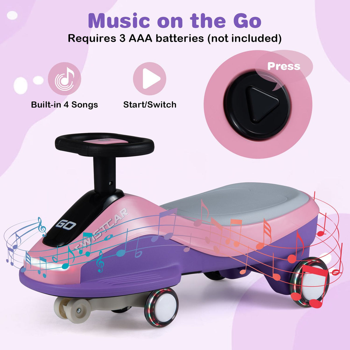 Pink and purple ride-on car with a close-up of its triangular music button and a music note illustration.