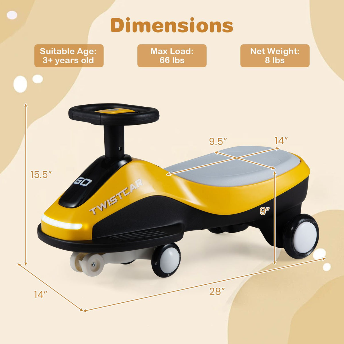 Dimension graphic for the yellow and black ride-on car, with age, load, weight, and measurement labels.