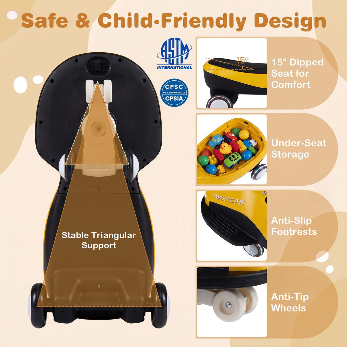 Yellow and black car feature graphic showing the underside, storage cavity, seat angle, footrests, and small wheels.
