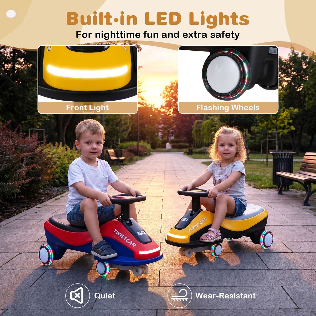 Feature insets label the front light and flashing wheels above two children riding cars on a path.