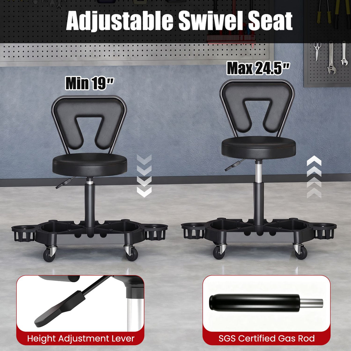 Rolling Garage Mechanic Stool with Tool Tray Storage and Padded Seat 330 LBS