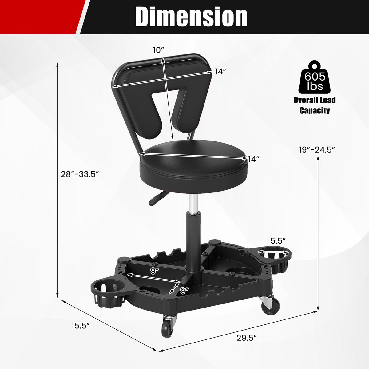 Rolling Garage Mechanic Stool with Tool Tray Storage and Padded Seat 330 LBS