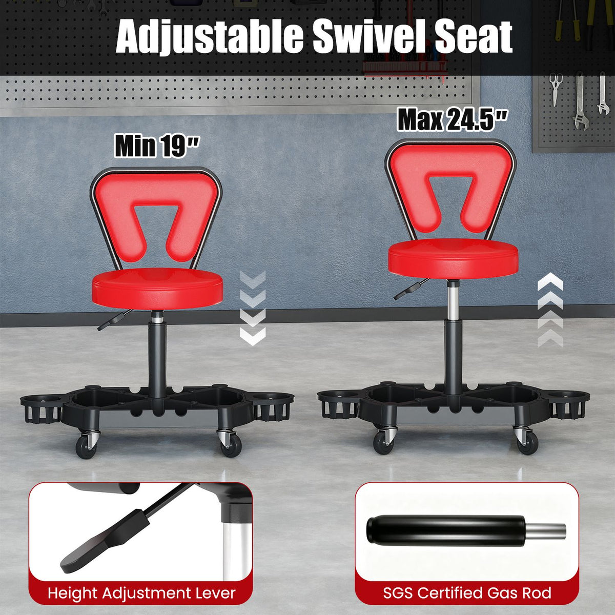 Rolling Garage Mechanic Stool with Tool Tray Storage and Padded Seat 330 LBS