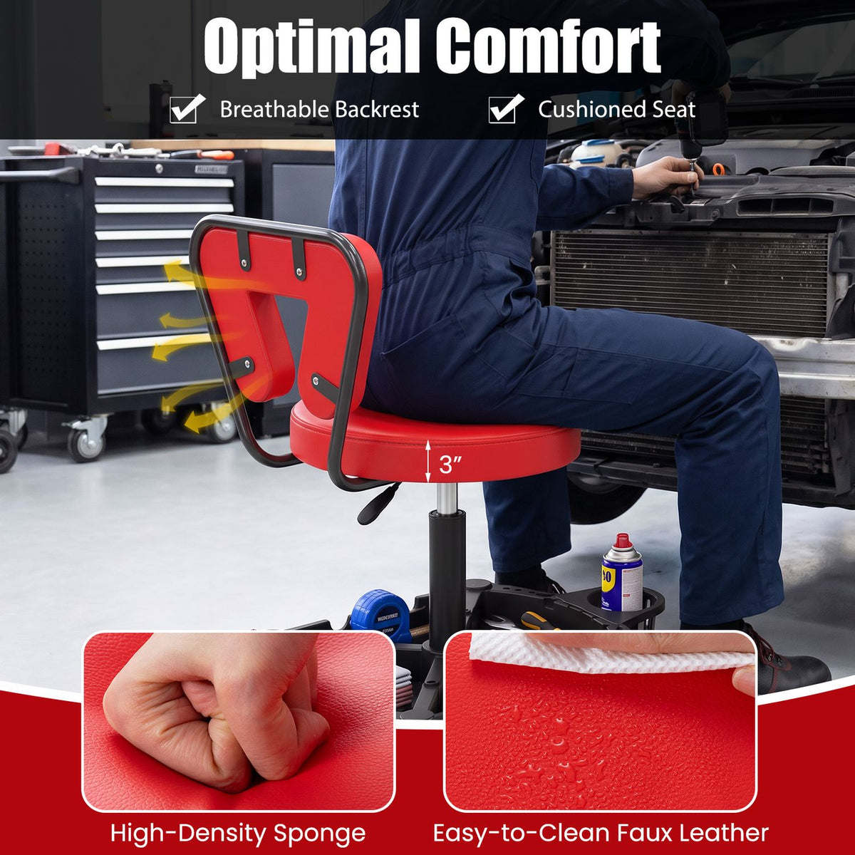 Rolling Garage Mechanic Stool with Tool Tray Storage and Padded Seat 330 LBS