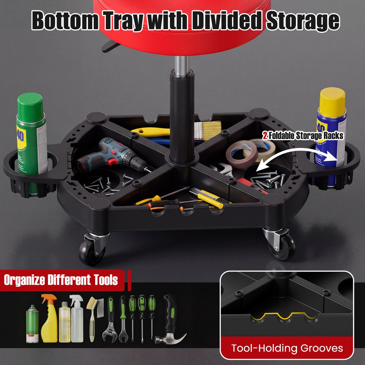 Rolling Garage Mechanic Stool with Tool Tray Storage and Padded Seat 330 LBS
