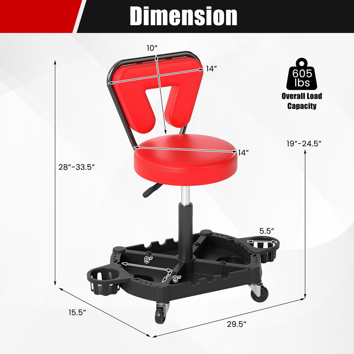 Rolling Garage Mechanic Stool with Tool Tray Storage and Padded Seat 330 LBS