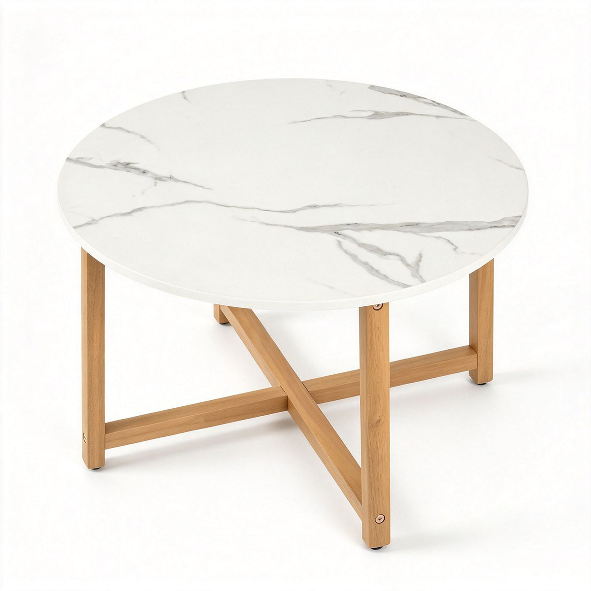 Round white faux-marble-look coffee table with natural wood crossed pedestal on a white background