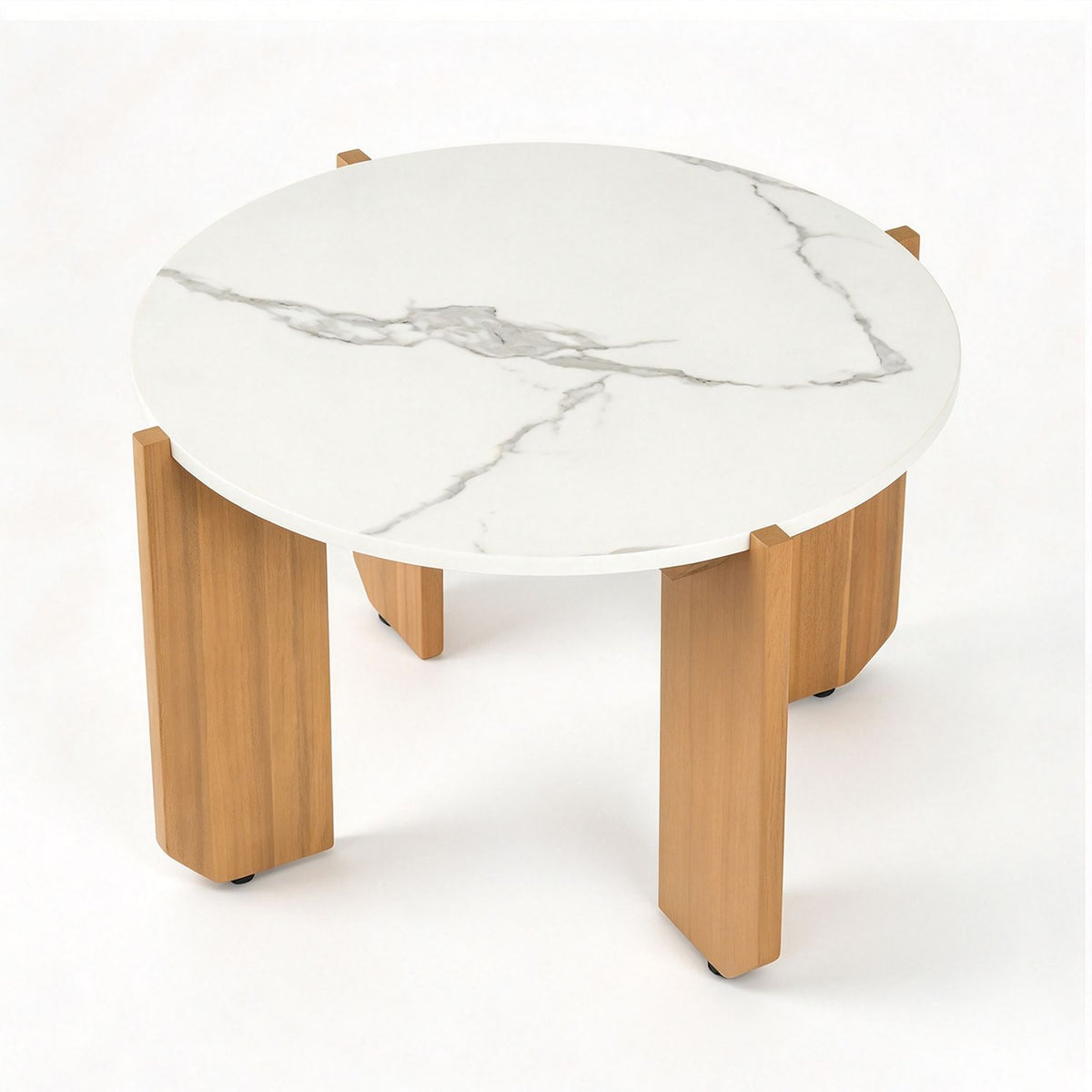 Round white faux marble coffee table with natural wood-grain legs, angled front view