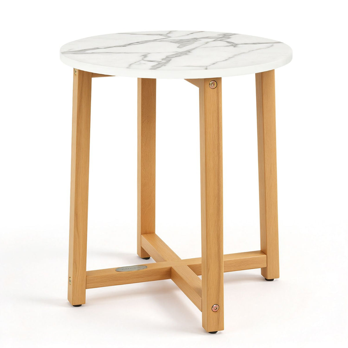 Round white veined tabletop on a light wood frame with four legs and cross supports.