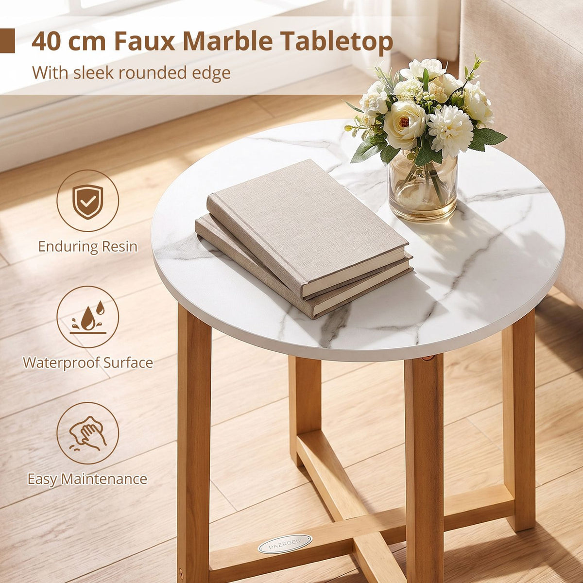 Round white veined tabletop with wooden legs, books and a flower vase, shown beside feature icons.