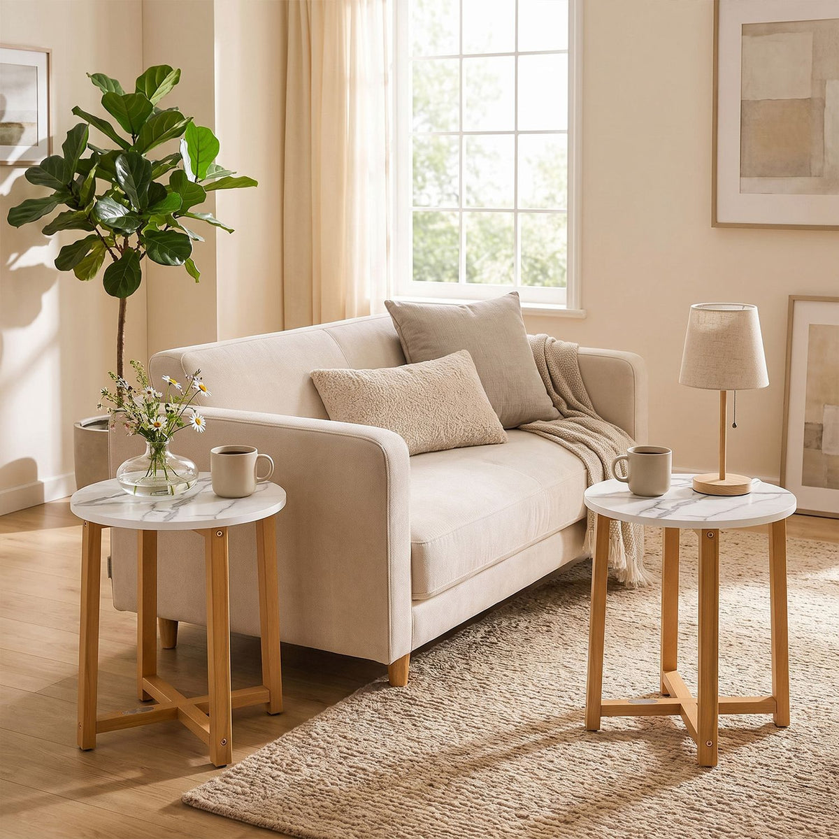 Two round white marble-look tables beside a cream sofa in a bright living room.