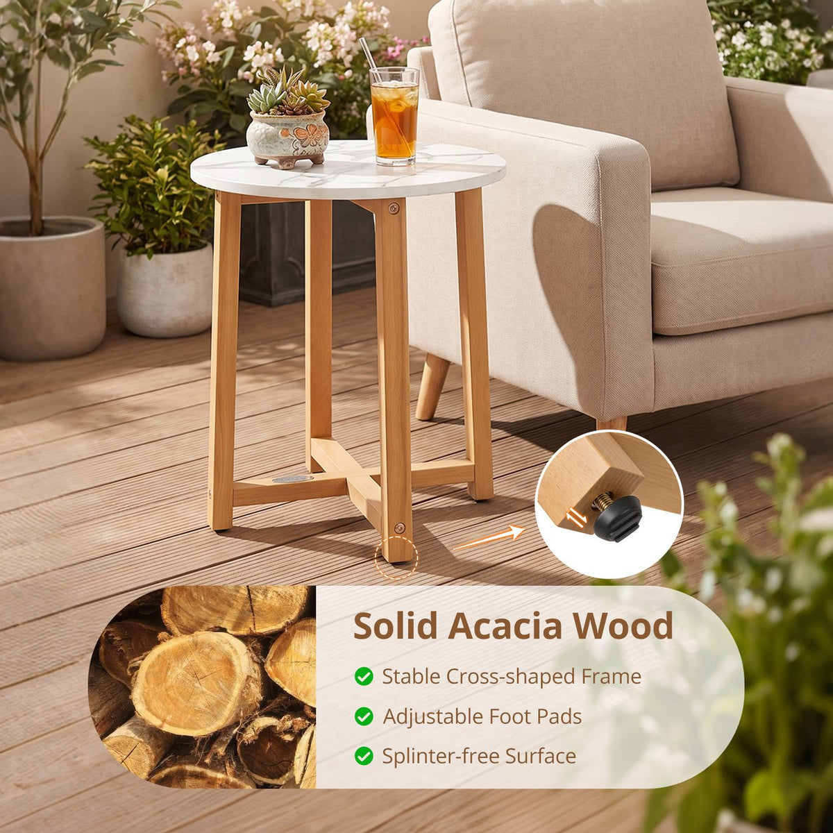 Round white marble-look table with wooden legs beside a patio chair, with a close-up inset of a foot pad.