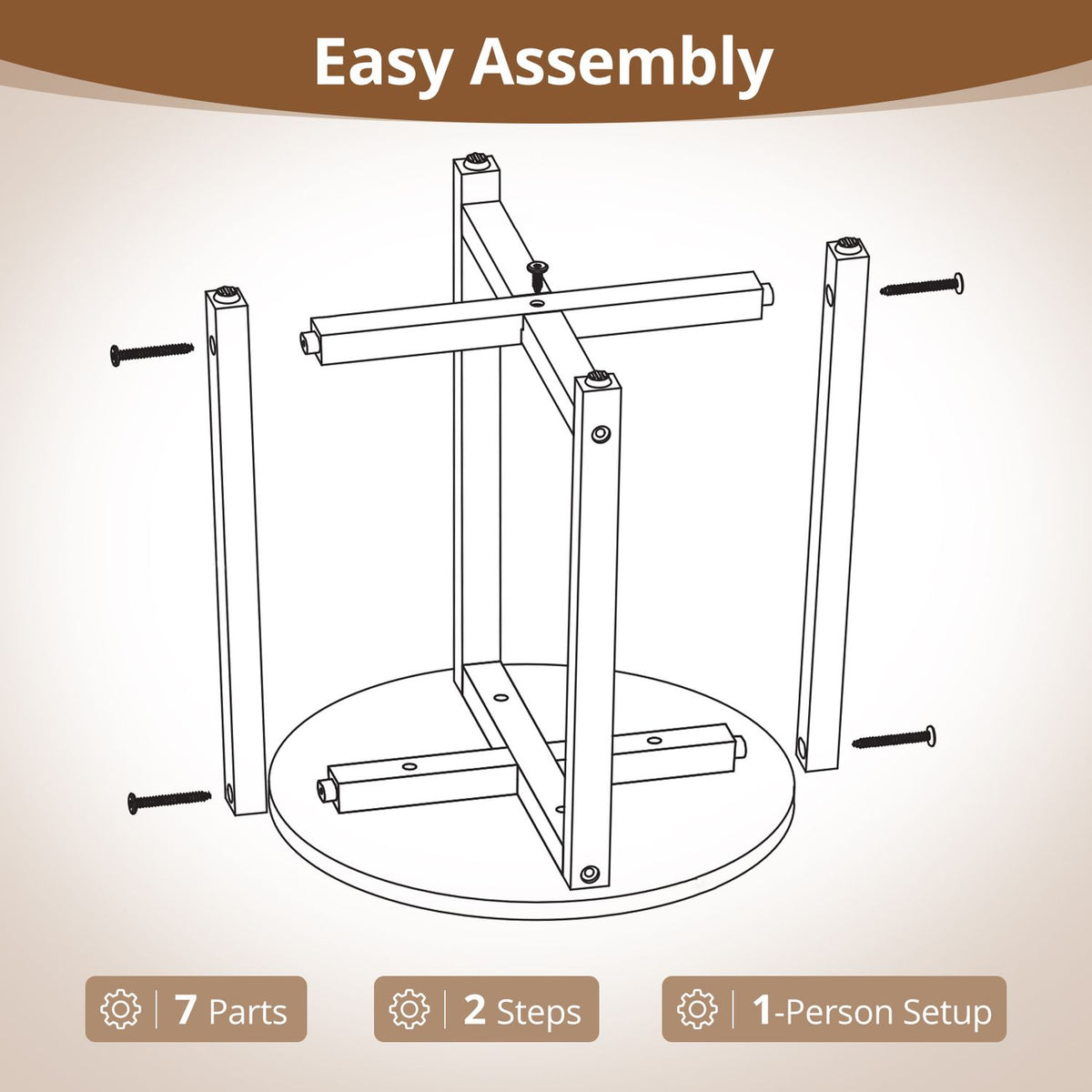 Exploded line drawing showing the round tabletop, wooden legs, cross braces and screws.