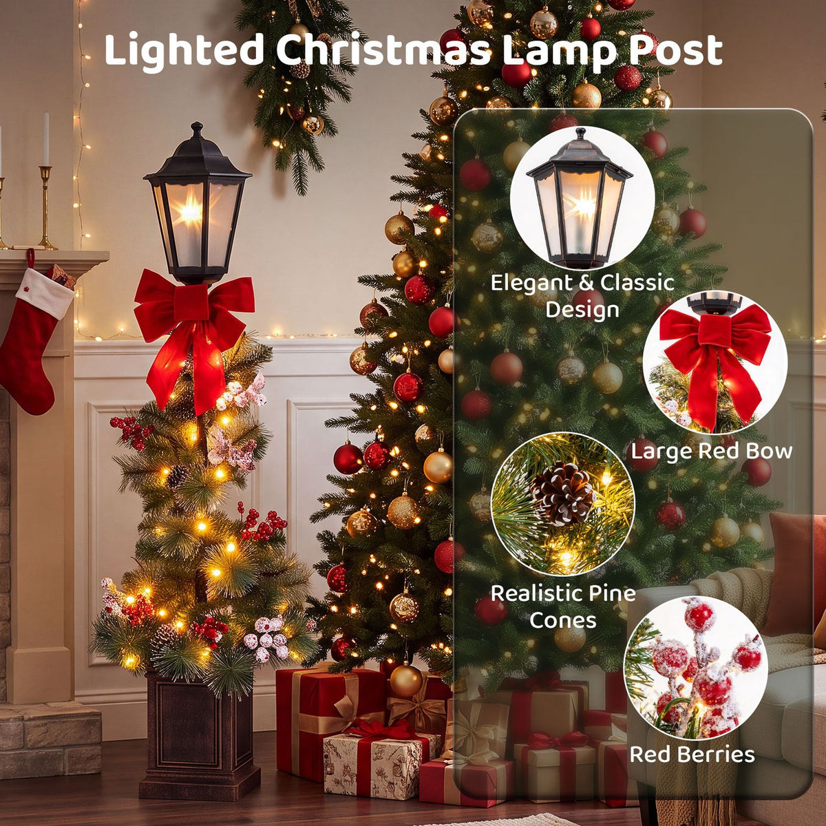 Lighted lamp post decoration with a red bow and greenery beside a Christmas tree and wrapped gifts.