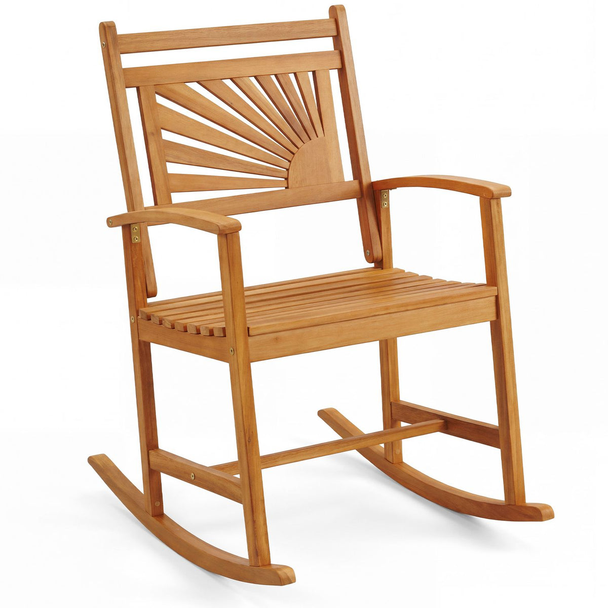 A wooden rocking chair shown alone against a white background, with a slatted seat and sunburst back.