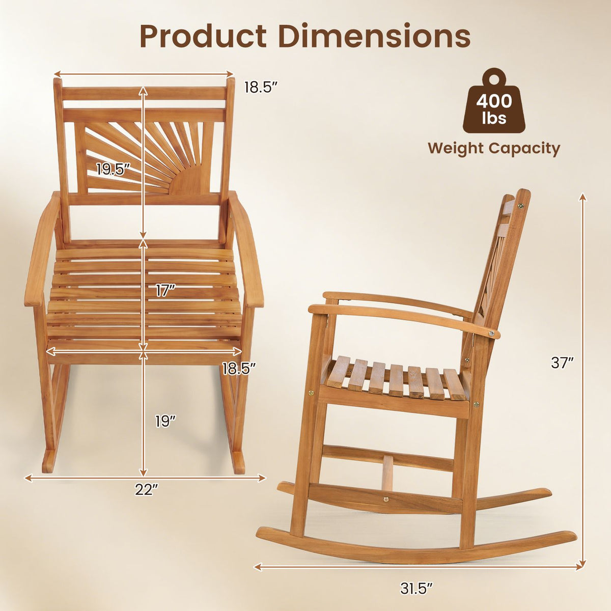 Front and side views of a wooden rocking chair with measurement arrows.