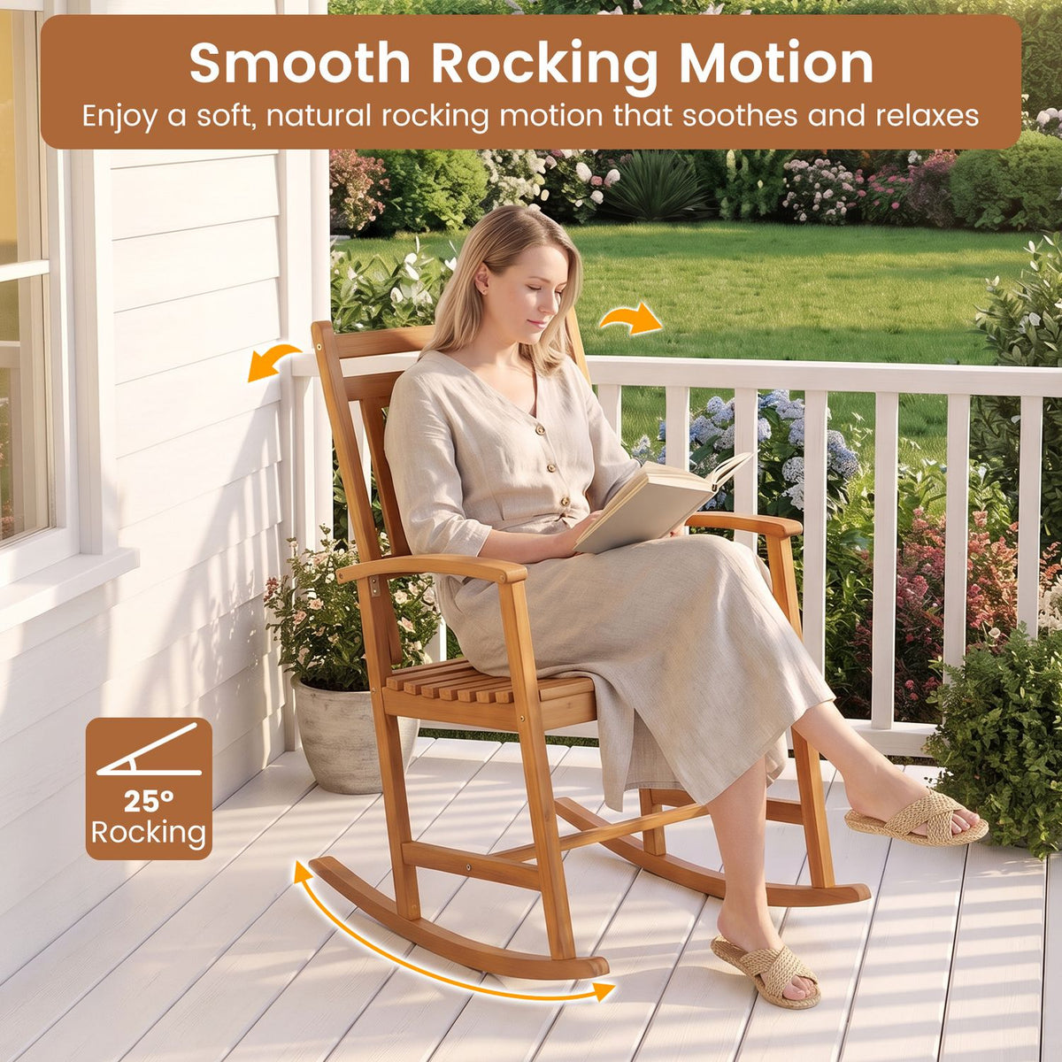 A woman reads while seated in a wooden rocking chair on a sunny porch.