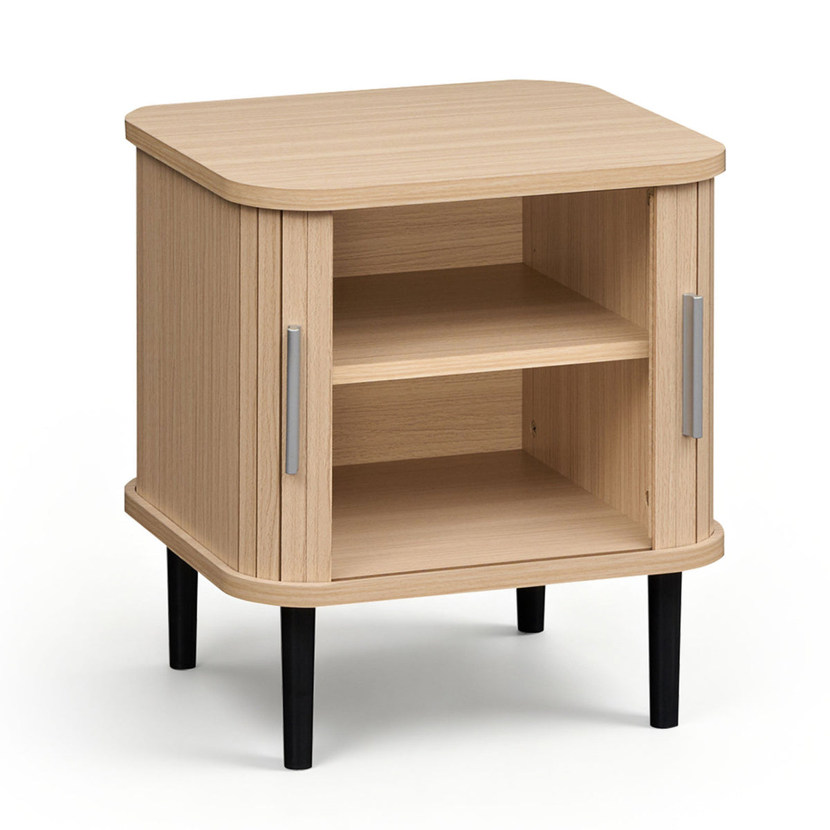 Open nightstand reveals two empty shelves between its sliding door panels.