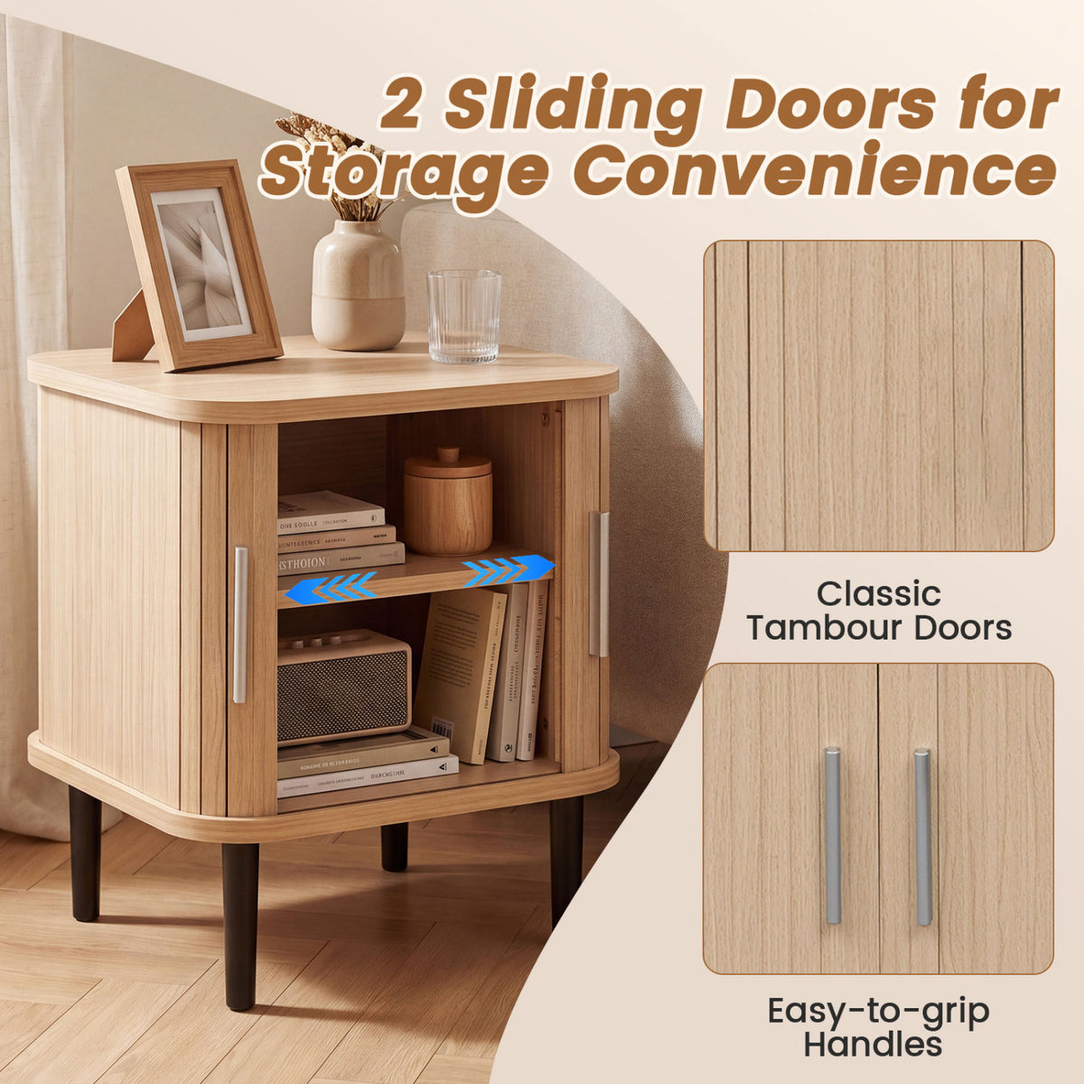 Light wood nightstand with one sliding door open, showing books and baskets on its shelves beside detail insets.