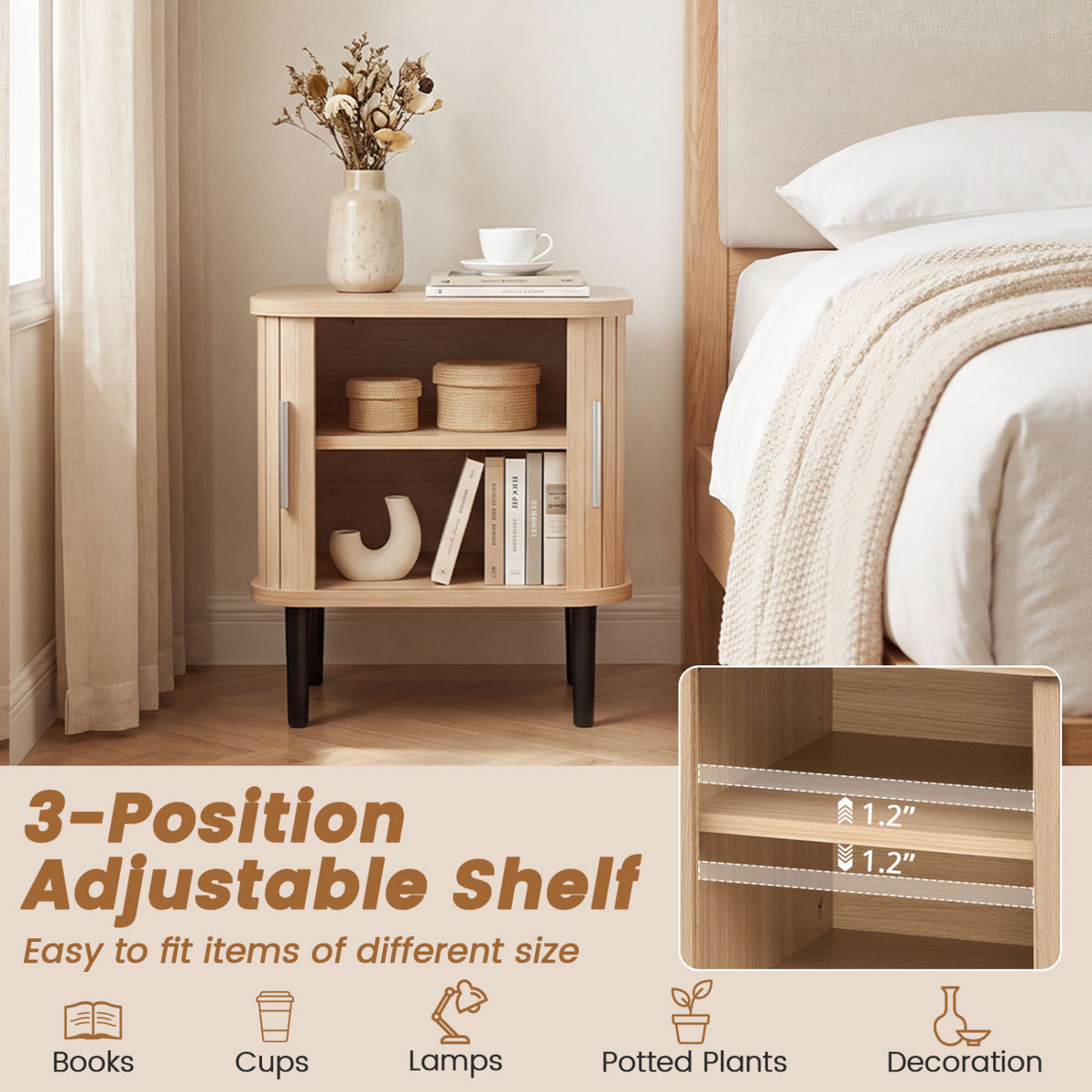 Nightstand beside a bed with baskets, books, and decor on its open shelves; an inset shows shelf adjustment slots.