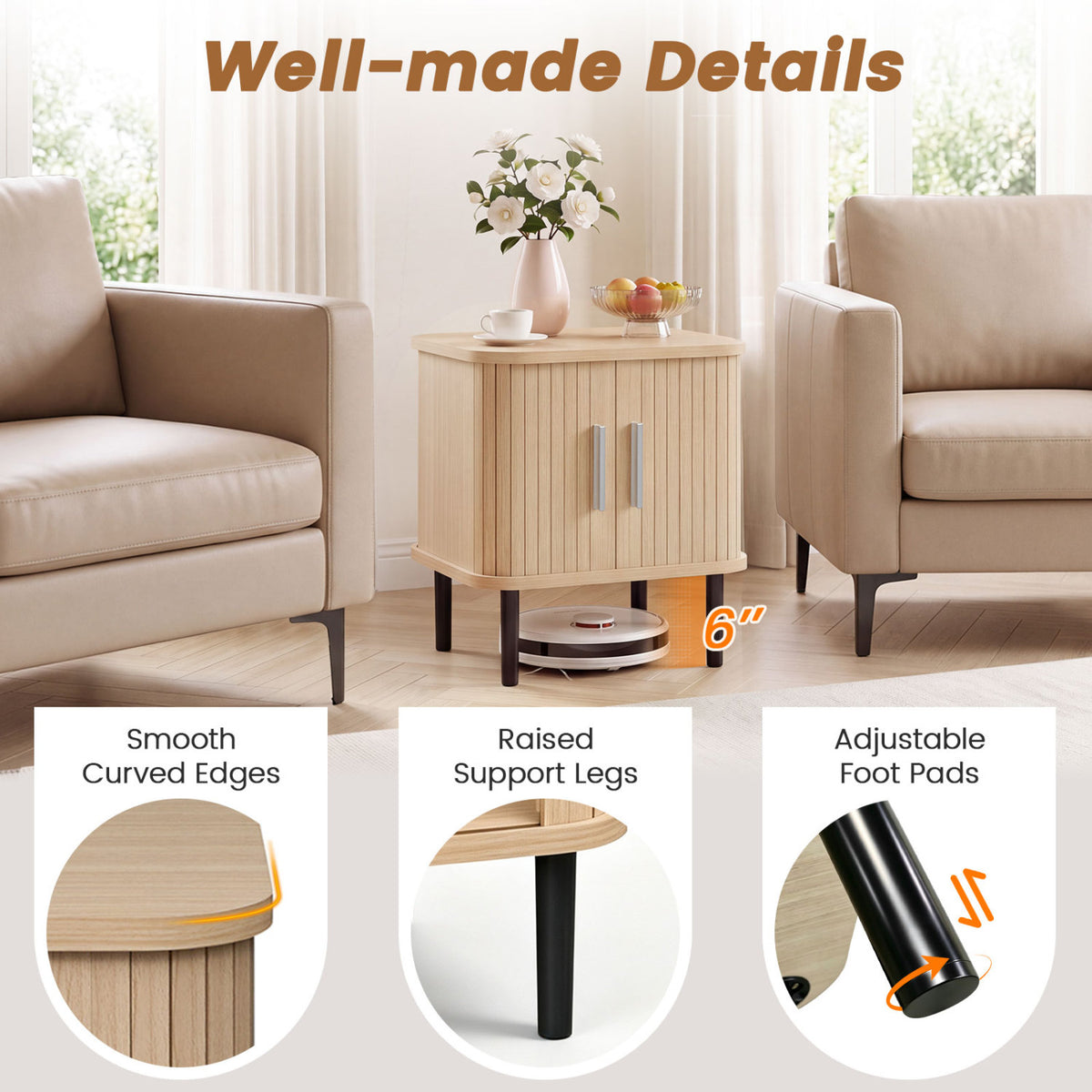 Closed fluted nightstand between two chairs, with close-up insets of its rounded edge, leg, and foot pad.