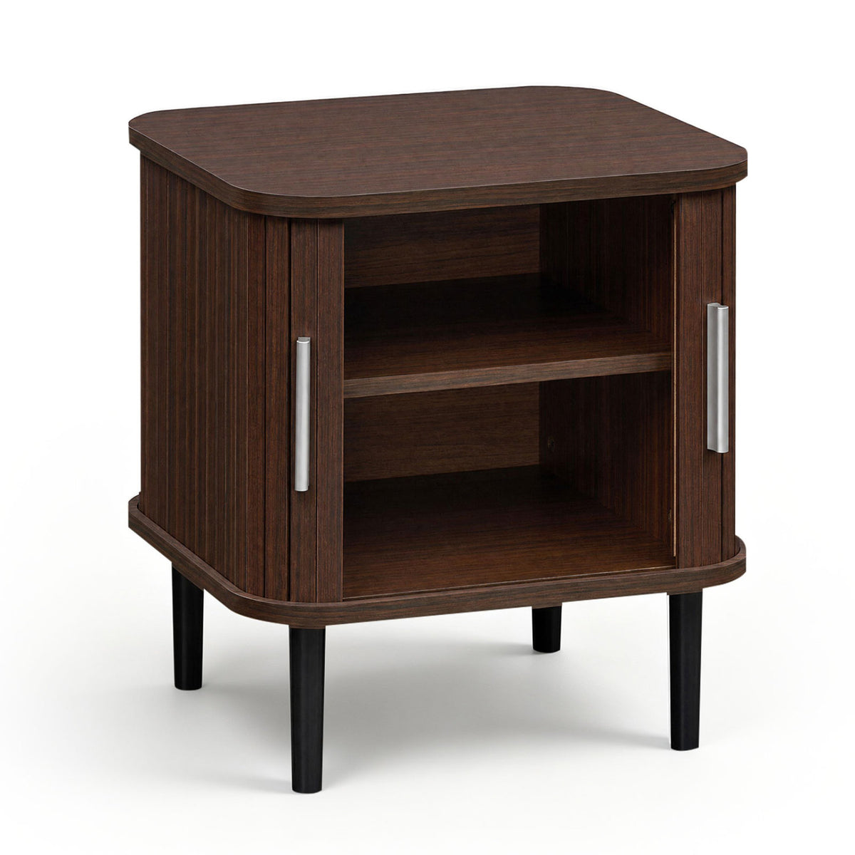 Unstyled dark fluted nightstand shown with open shelves, sliding doors, and tapered legs against a white background.