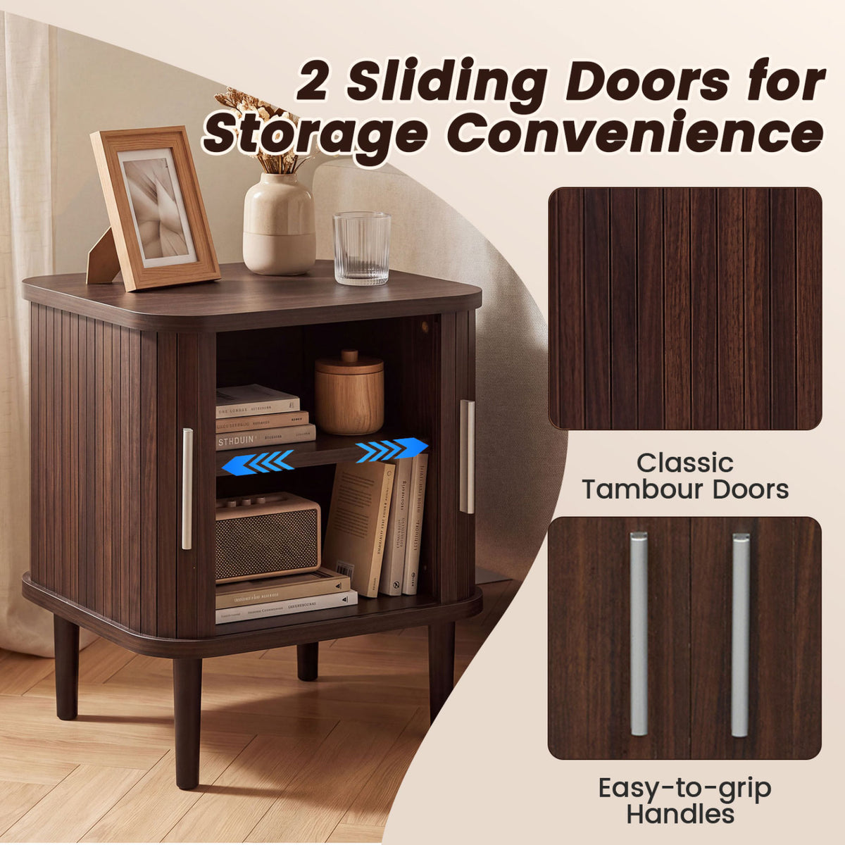 Dark fluted nightstand with one sliding door open, showing books and decor inside; door and handle details appear at right.