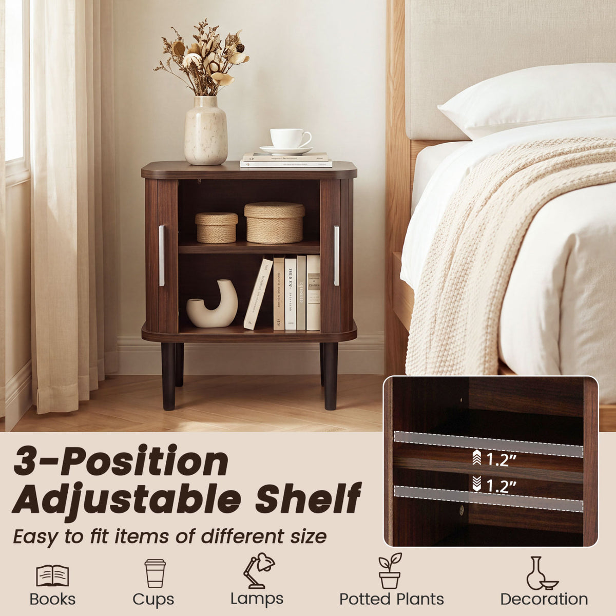 Nightstand beside a bed, with baskets, books, and decor on its shelves and a close-up of the adjustable shelf at lower right.