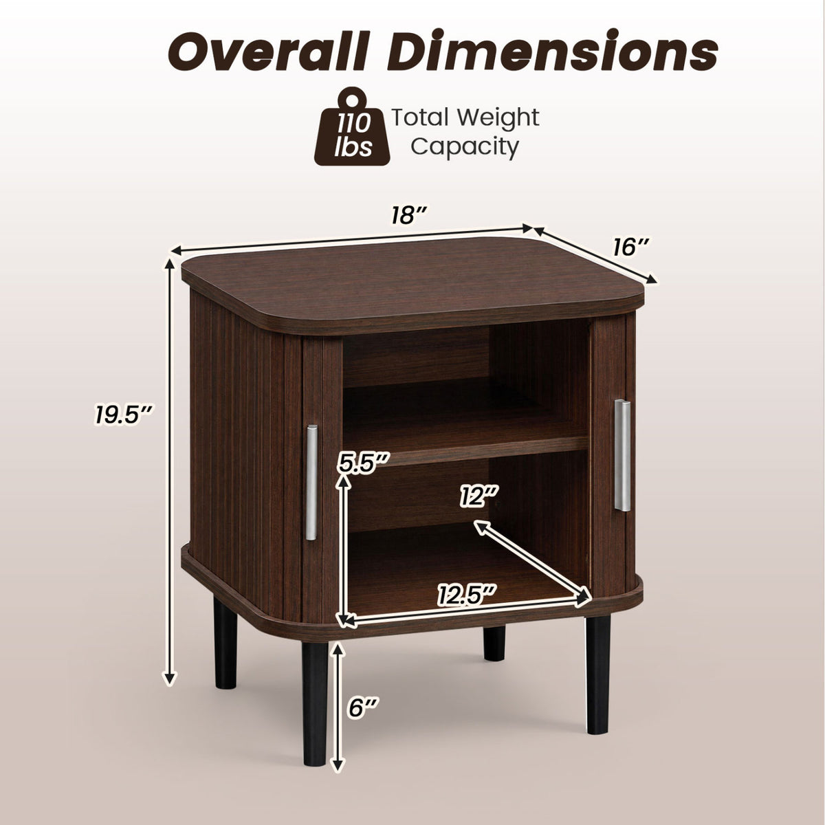 Dark wood nightstand shown at an angle with measurement arrows around its top, cabinet, shelf opening, and legs.
