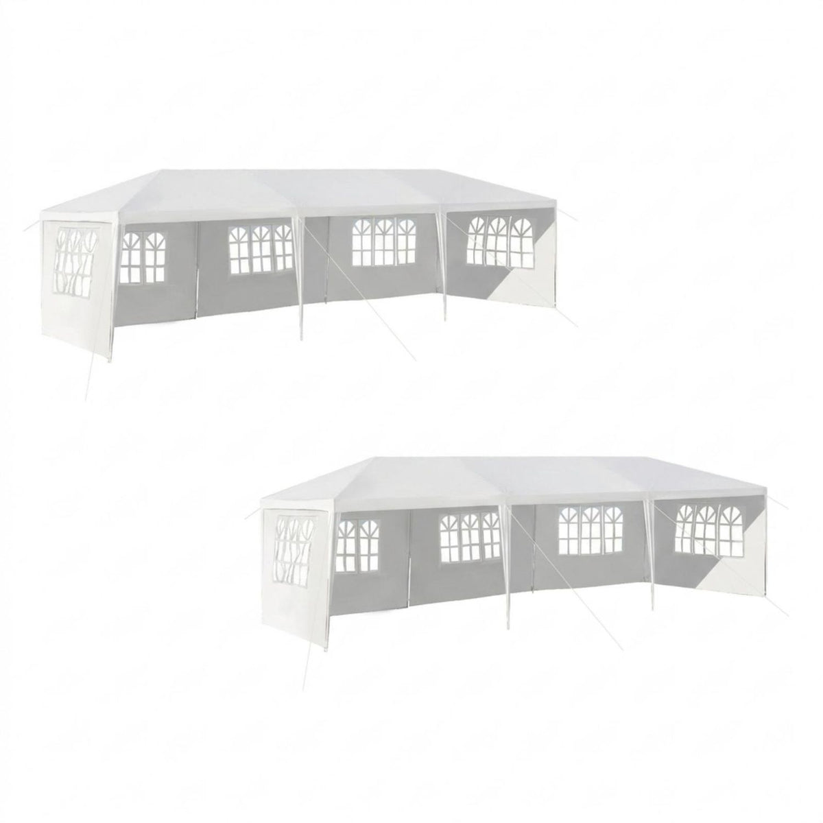 Two white canopy tents with windowed sidewalls shown against a plain white background.