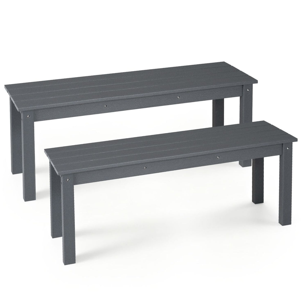 Two dark, long benches with slatted seats are shown at different angles against a white background.
