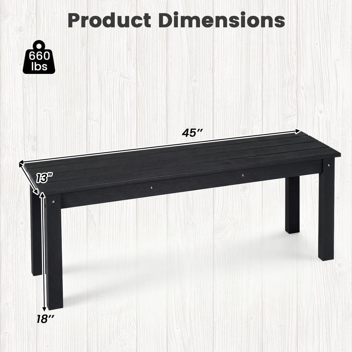 Black slatted bench shown with arrows marking its length, depth, and height.