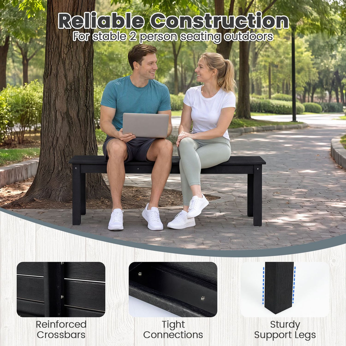 Two people sit on a black bench in a park, with close-up insets of its underside, fasteners, and leg.